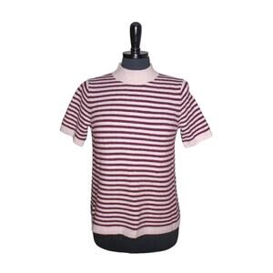 LOFT Petites Striped Short Sleeve Sweater High Collar Cream Brown SP